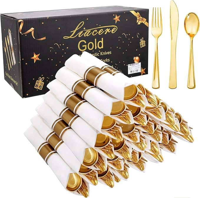 Liacere 100Pack Pre Rolled Gold Silverware and Napkin-Disposable Gold Plastic Utensils-Wrapped Plastic Cutlery Set with Napkin:100 Forks,100 Knives,100 Spoons,100 Napkins for Valentine's Day