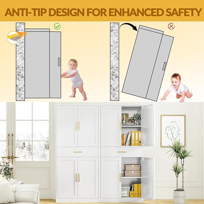 Kitchen Pantry Cabinet,71” Metal Tall Pantry Storage Cabinet with Doors 2 Adjustable Shelves and a Drawer,Kitchen Storage Cabinets White Freestanding Food Cabinet for Pantries, Kitchen, Dining Room