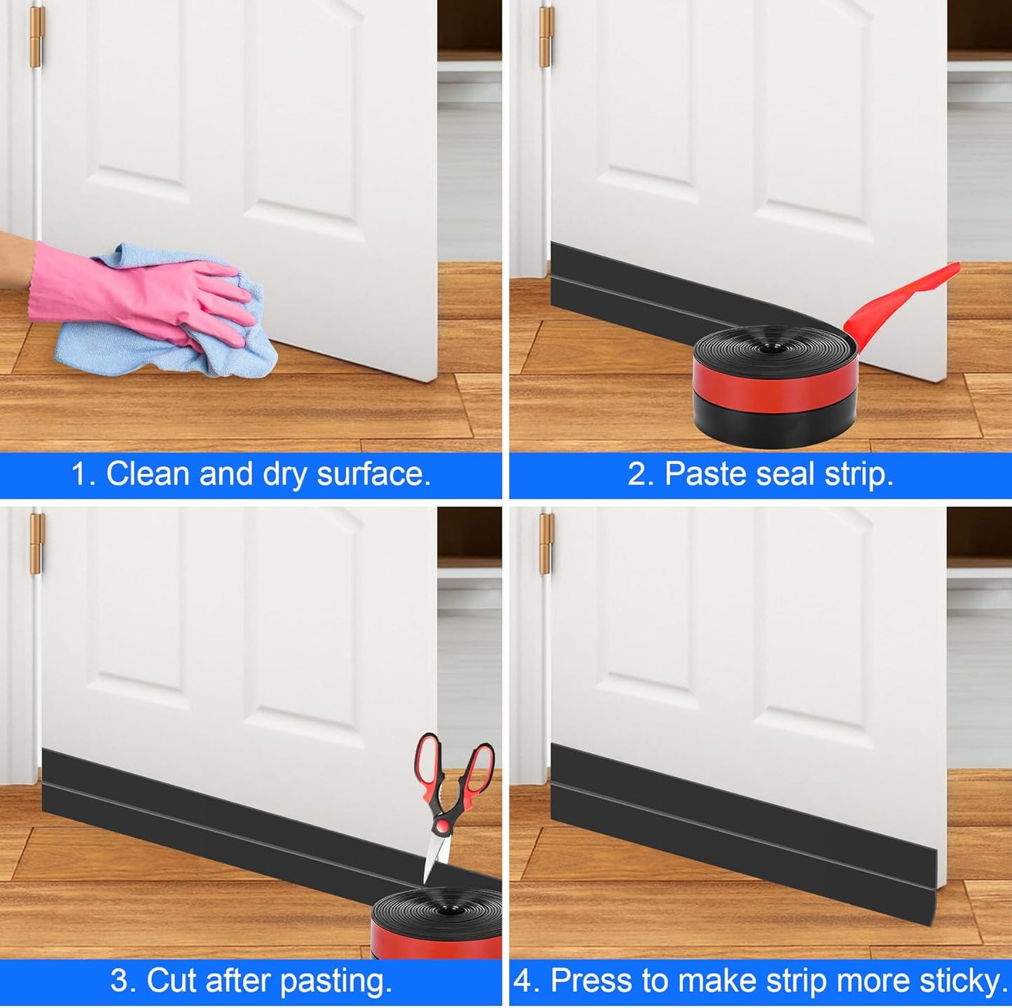 ToLanbbt Weather Stripping Silicone Door Seal Strip 1 in x 20 ft Door Draft Stopper Self Adhesive Door Draft Tape, Side & Bottom Gaps Insulation Strip for Glass Shower Door Sliding Door Window, Black