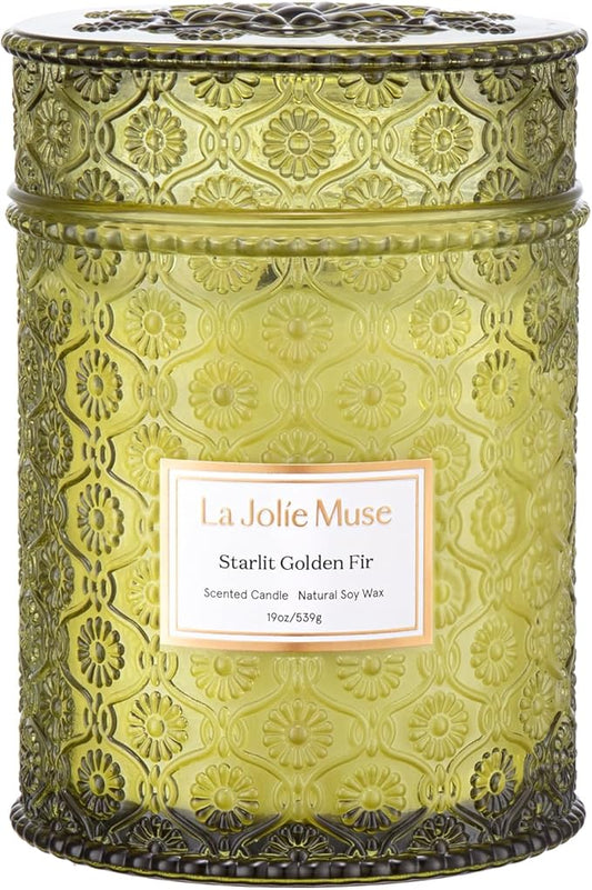 LA JOLIE MUSE Starlit Golden Fir Candle – Pine, Cedarwood, Fir Balsam | 19 oz Large Wooden Wick Candle | Natural Soy Wax | 90 Hours Clean Burn | Gift-Ready for Hosts & Gatherings