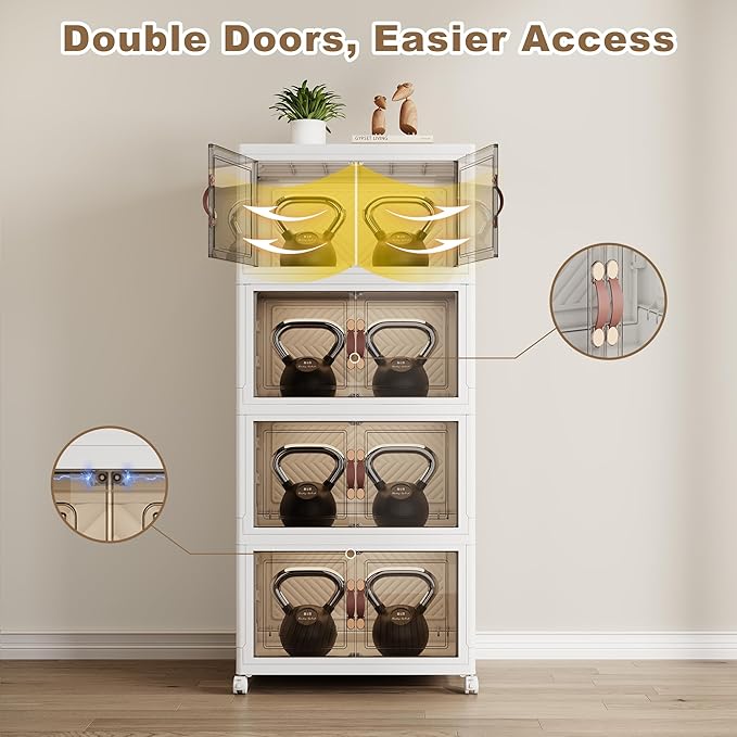 SAILUN 220QT/55Gal Stackable Storage Bins with Lid, Collapsible Storage Bins With Doors and Wheels, Folding Plastic Cabinet Containers for Home Kitchen Closet Organization, 4 Pack