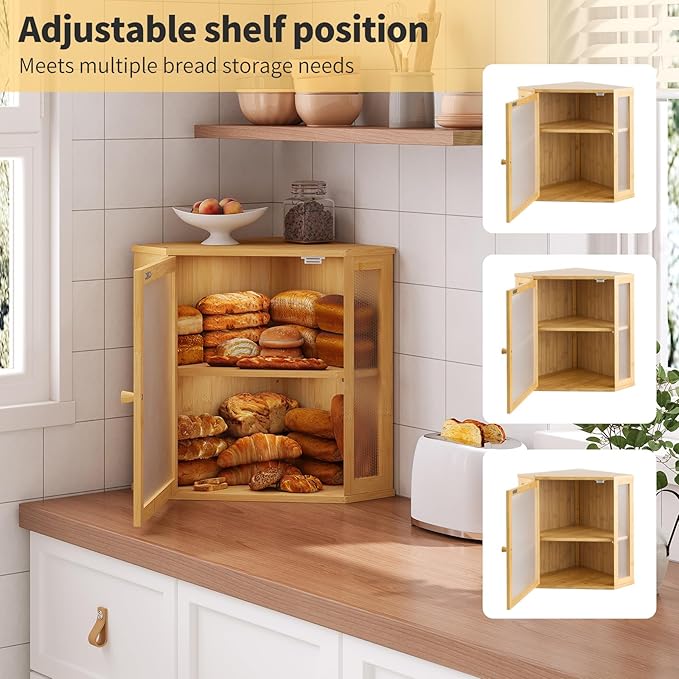 Corner Bread Box for Kitchen Countertop,Bread Storage for Homemade Bread, Double Layer Large Bamboo Kitchen Storage Bin with Window (Natural, Large)