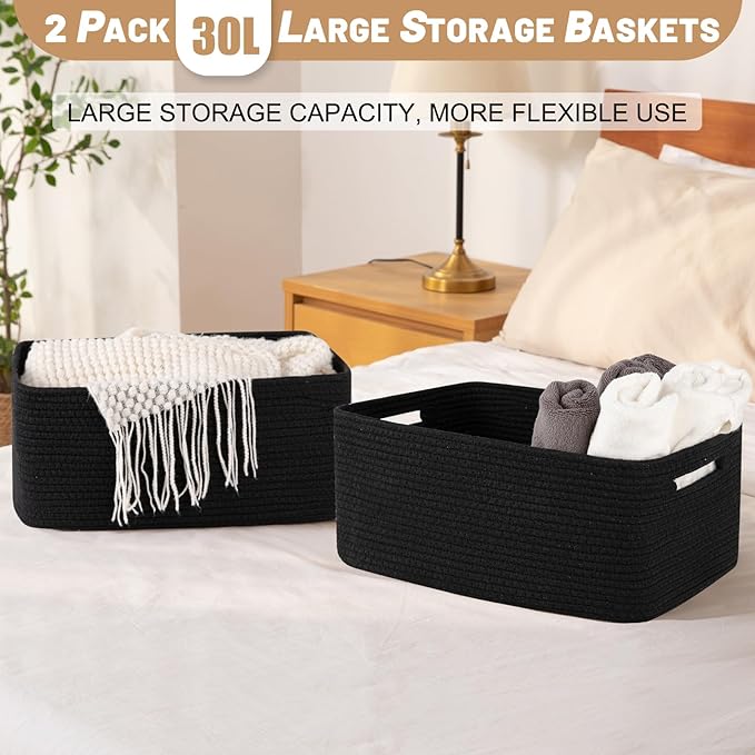 OIASKET Large Storage Basket for Organizing, Woven Rope Basket for Shelves, Closet Organizer Bins for Clothes, Blanket, Toys, Baby Nursery Storage, 17.7" x 13" x 7.87", 2 Packs Black