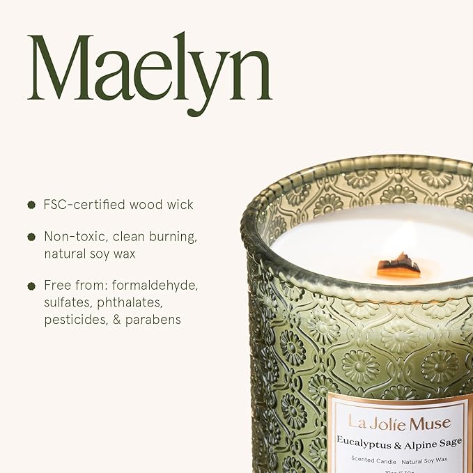 LA JOLIE MUSE Eucalyptus & Alpine Sage | Eucalyptus, Lavender & Sage Candle for Home Cleansing | 19 oz Wooden Wick | Natural Soy Wax | 90 Hours Burn | Candle for Relaxation