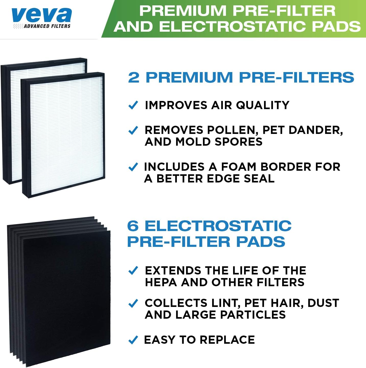 VEVA Premium 2 HEPA Replacement Filter Pack with 6 Activated Carbon Pre Filters to Stop Smoke Odor Dust for Blueair 200/300 Series Models 201, 203, 205, 215B, 250E, 270E, 303 Air Purifiers