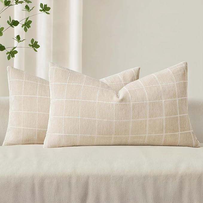 MIULEE Decorative Chenille Check Lumbar Throw Pillow Covers Vintage Plaid Couch Pillows 12x20 Inch Set of 2 Neutral Boho Farmhouse Cushion Covers Modern Spring Decor for Sofa Bed Living Room Beige