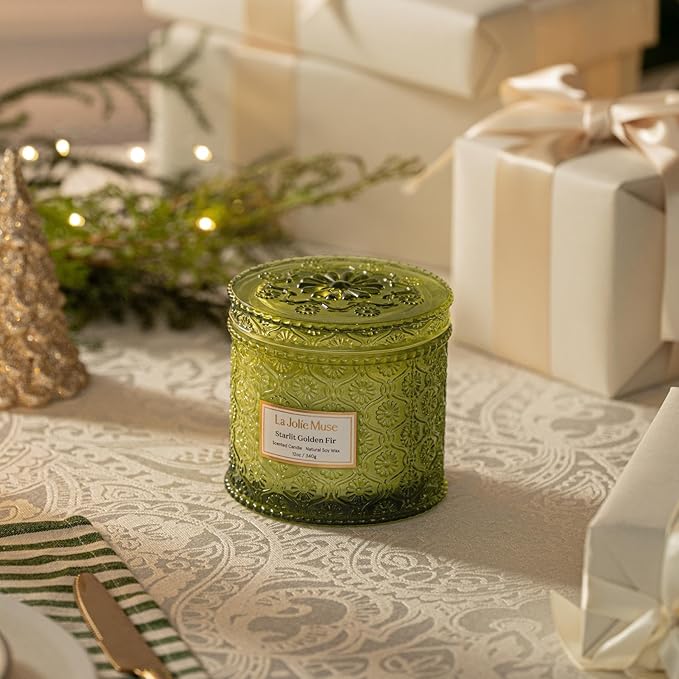 LA JOLIE MUSE Starlit Golden Fir Candle - Cedarwood, Patchouli, Fir Balsam | 12 oz Large 2-Wick Soy Wax Candle | 60 Hours Clean Burn | Balsam and Fir Candle | Gift-Ready for Hosts & Gatherings