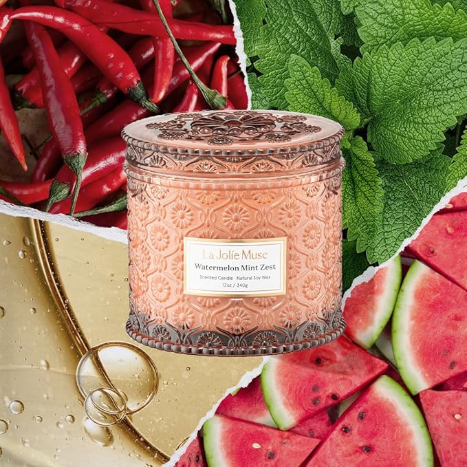 LA JOLIE MUSE Watermelon Mint Zest Candle - Eucalyptus, Sage, Lavender | 12 oz Large 2-Wick Soy Wax Candle | 60 Hours Clean Burn | Gift-Ready for Hosts & Gatherings | Elegant Home Décor