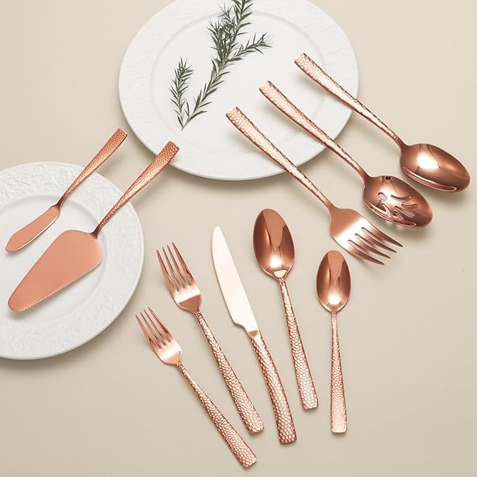 45-Piece Silverware Set with Serving Utensils Set, Rose Gold Hammered Stainless Steel Flatware for 8, Food-Grade Tableware, Including Fork, Knife, Spoon Set, Home Kitchen Cutlery, Dishwasher Safe