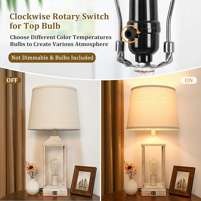 28" Bedside Table Lamp for Living Room, 3-Way Dimmable Touch Control Retro Nightstand Desk Lamp with 2 Light, White Rustic Farmhouse Lamp with USB Ports for Bedroom, Home, Office, 2 Bulbs Included