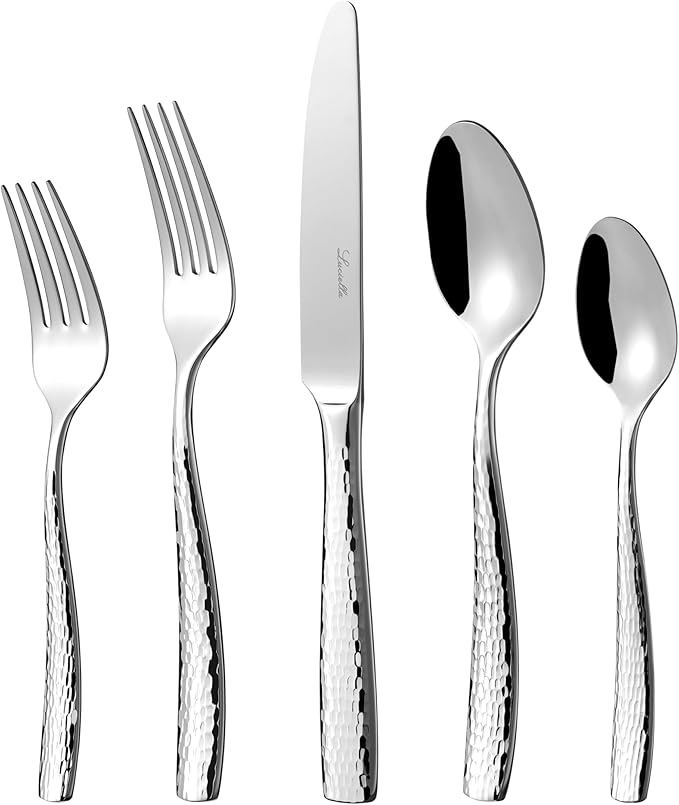 Luciella Ponza Flatware Set for 12, 65-Piece Stainless Steel Silverware Set with Serving Utensils, Timeless Hammered Design, Rust-Resistant, Mirror Polished & Dishwasher Safe