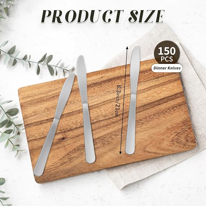 150 Pcs 8.3 Inches Stainless Steel Dinner Knives Spreader Knives Silverware Silver Butter Knife for Steak Table Home Kitchen Restaurant