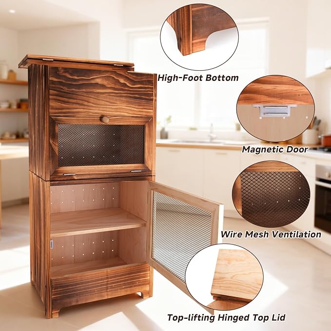 Large Potato and Onion Storage Bin - Wooden Stackable Bread Storage Box with Lid & Mesh Doors, Decorative Fruit and Vegetable Organization Cabinet for Kitchen, 15.75"W x 10.7"D x 33.5"H (Rustic Color)