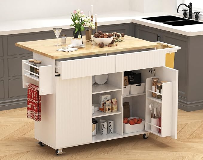 Kitchen Island with Storage, Rolling Kitchen Island on Wheel with Drop Leaf, Foldable Trash Bag, Spice Rack, Towel Bar, Storage Cabinet, Drawer, Kitchen Cart Island Table for Kitchen, White