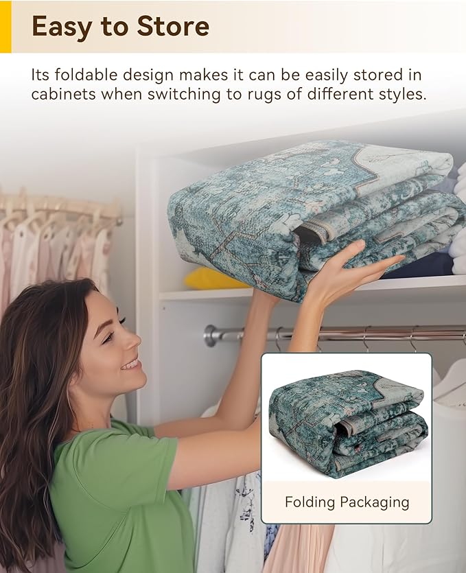 RELEANY Area Rugs 8ft Washable Non-Slip, Floral Vintage Distress Print Pattern Medallion Carpet for Living Room Bedroom Dining Room, Dark Blue Vintage