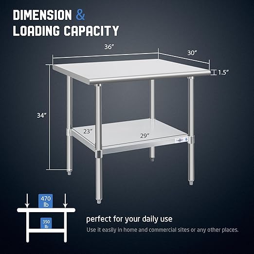 Profeeshaw Stainless Steel Prep Table 36x30 Inch NSF Commercial Work Table with Undershelf Heavy Duty Table for Kitchen Restaurant Home Hotel