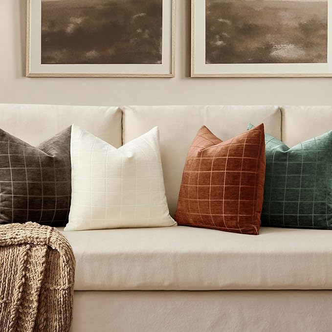 MIULEE Decorative Chenille Check Throw Pillow Covers Vintage Plaid Couch Pillows 18x18 Inch Set of 2 Neutral Boho Farmhouse Cushion Covers Modern Home Decor for Sofa Bed Living Room Burnt Orange