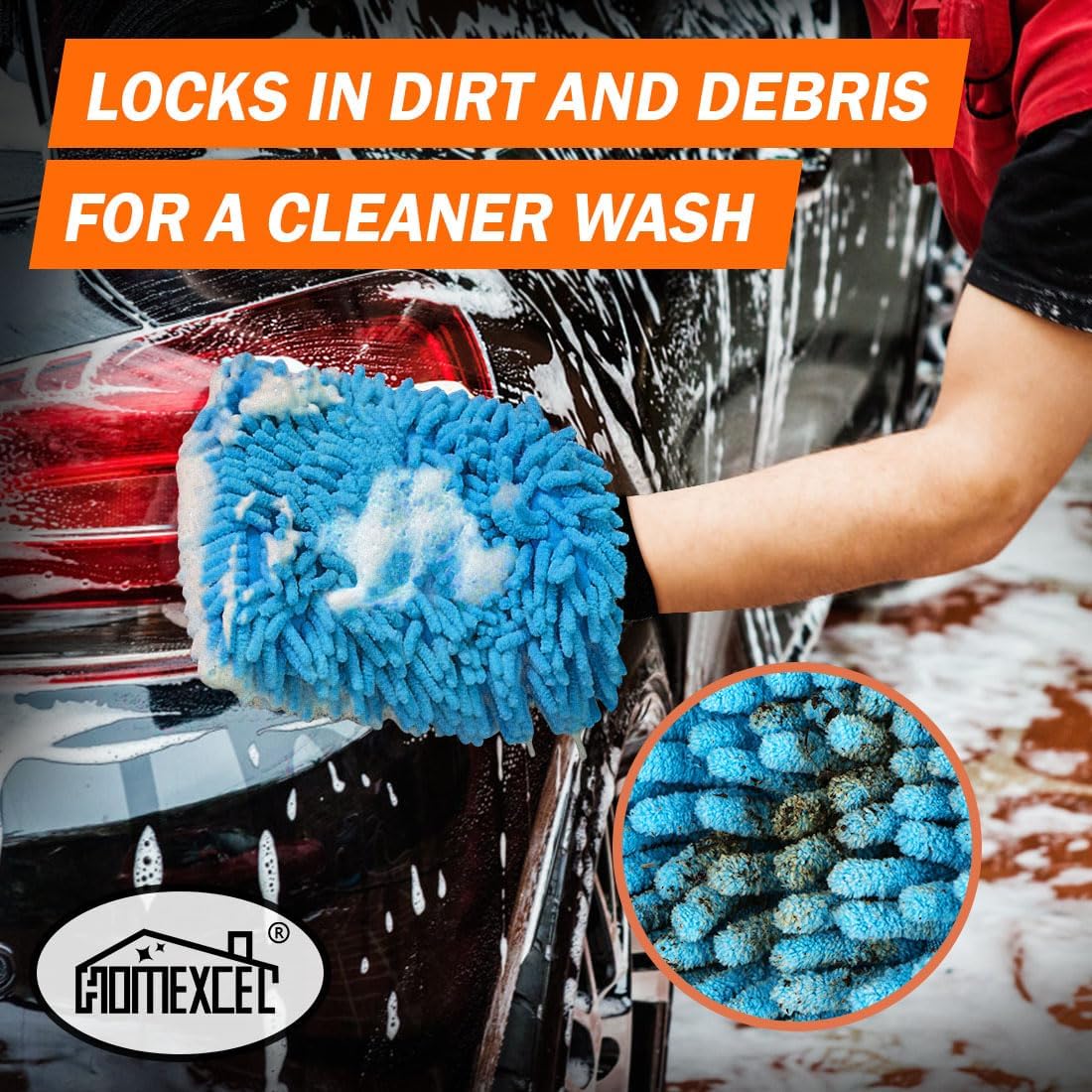 HOMEXCEL Car Wash Mitt, 2PK Chenille Microfiber Wash Mitt, Scratch-Free & Lint-Free, Rich Foam, Highly Absorbent, Double Sided, Perfect for Car Washing and Detailing, 10.2" x 6.7 ", Blue