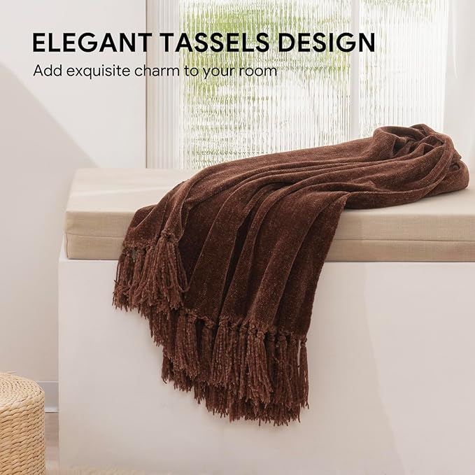 RECYCO Throw Blanket Soft Cozy Chenille Throw Blanket with Fringe Tassel for Couch Sofa Chair Bed Living Room Gift(Brown, 50'' x 60'')