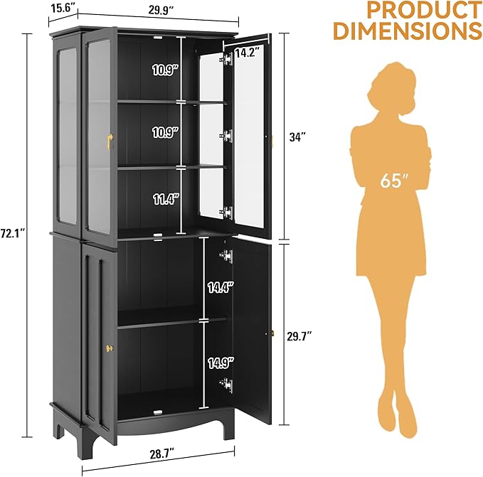 72" Tall Kitchen Pantry Cabinet with Glass Door and Adjustable Shelves, Vintage Food Storage Cabinet for Kitchen, Dining Room, Living Room, Black