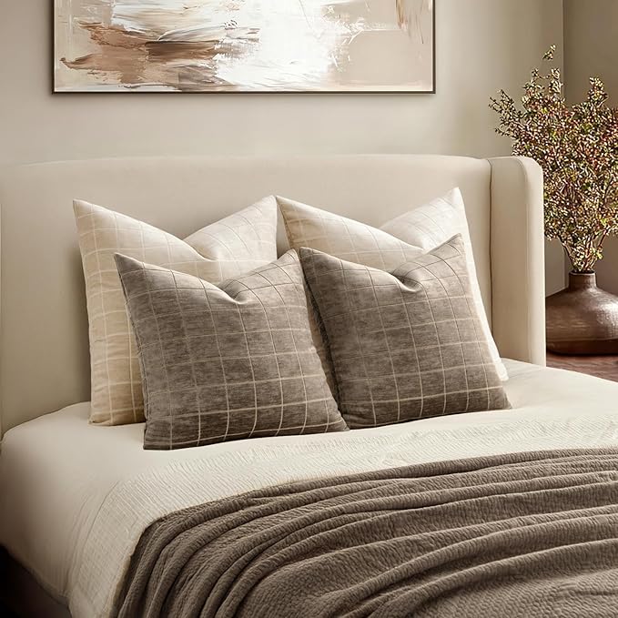 MIULEE Decorative Chenille Check Throw Pillow Covers Vintage Plaid Couch Pillows 16x16 Inch Set of 2 Neutral Boho Farmhouse Cushion Covers Modern Spring Home Decor for Sofa Bed Living Room Taupe Grey