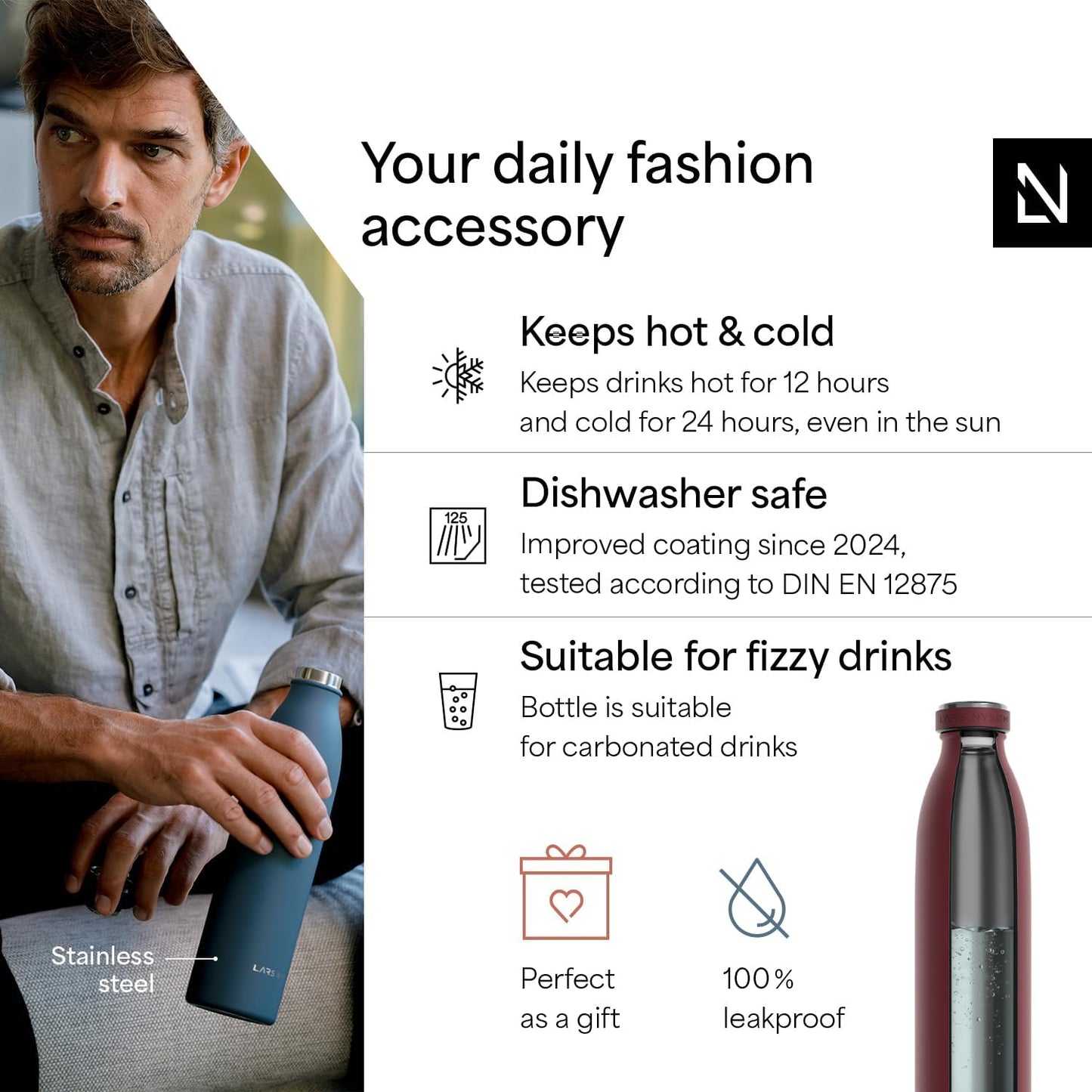 LARS NYSØM Stainless Steel Insulated Water Bottle 12oz 17oz 25oz 34oz 51oz | Insulated Thermo Flask for Hot and Cold Beverages | Leakproof Drinking Bottle (Berry Red, 17oz)