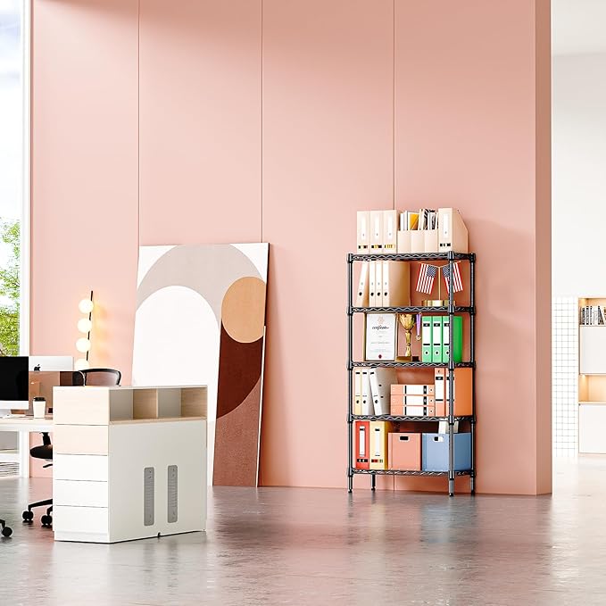 IZEUK 5-Tier Black Metal Storage Shelves, Heavy Duty Wire Shelving Unit for Home, Kitchen, Office, or Garage Organization, 1250 lbs Capacity, 13.8" D x 29.5" W x 59.5" H