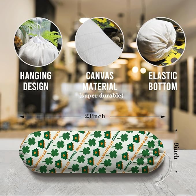 Plastic Bag Holder, Wall Mount Grocery Sack Organizer Dispenser, Washable Cotton-Linen Storage with Hanging Loop, St. Patrick’s Day Pot of Gold, Clover & "Happy St. Patrick's Day" Design for Kitchen