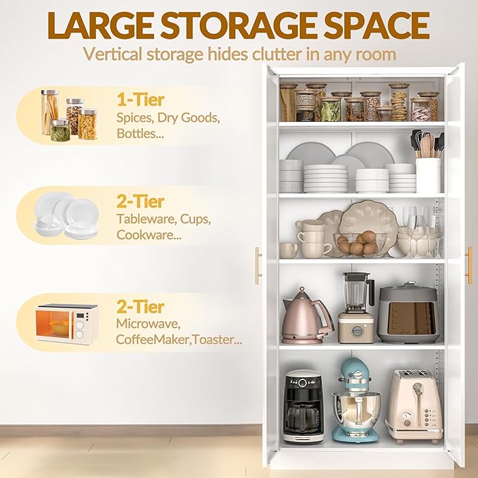 Kitchen Pantry Cabinet,71” Metal Tall Pantry Storage Cabinet with Doors and 4 Adjustable Shelves,Kitchen Storage Cabinets White Freestanding Food Cabinet for Pantries, Kitchen, Livingroom, Dining Room