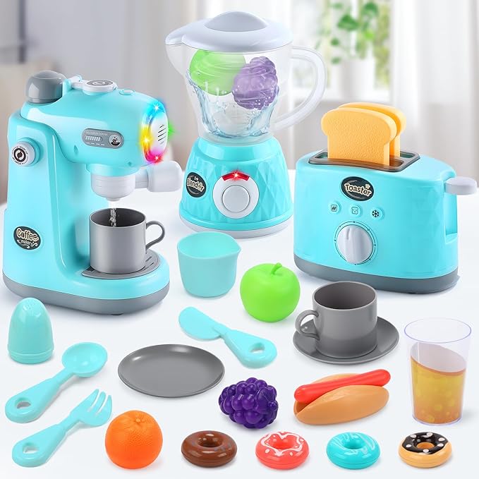 CUTE STONE Kids Kitchen Playset, Toy Kitchen Appliance Sets with Working Coffee Maker, Blender & Toaster, Realistic Sounds & Light, Includes Kids Kitchen Accessories & Play Food for Boys & Girls