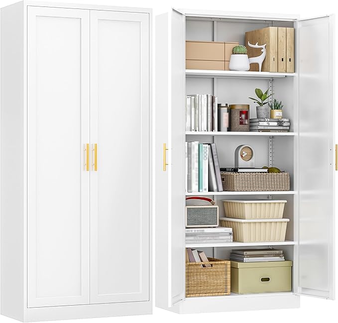 Kitchen Pantry Cabinet,71” Metal Tall Pantry Storage Cabinet with Doors and 4 Adjustable Shelves,Kitchen Storage Cabinets White Freestanding Food Cabinet for Pantries, Kitchen, Livingroom, Dining Room