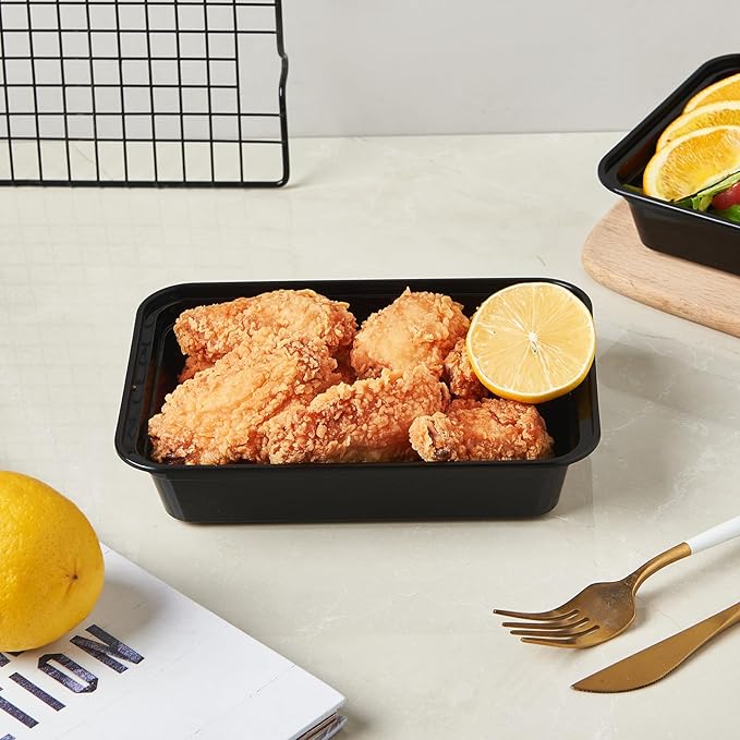 CIAO! Heavy Weight 24oz Injection Molded Microwavable Black Rectangular Food Container With Lid (150/case)