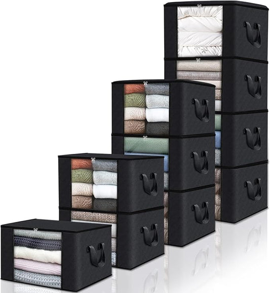 Fab totes 10 Pack Clothes Storage, Foldable Thick Fabric Blanket Storage Bags, Containers for Organizing Bedroom, Closet, Clothing, Comforter,Closet Organization with Handle,Black