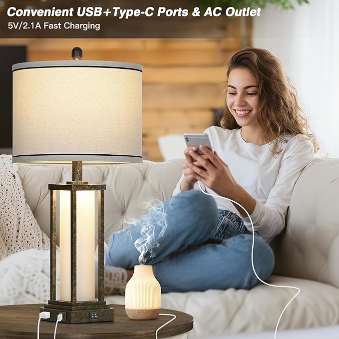 luxeflow 27in Tall Farmhouse Table Lamp with USB C+A & Outlet,Bronze Industrial End Table Lamp for Living Room,Vintage Rustic Bedside Lamp with Night Light for Bedroom Nightstand,Single Bronze