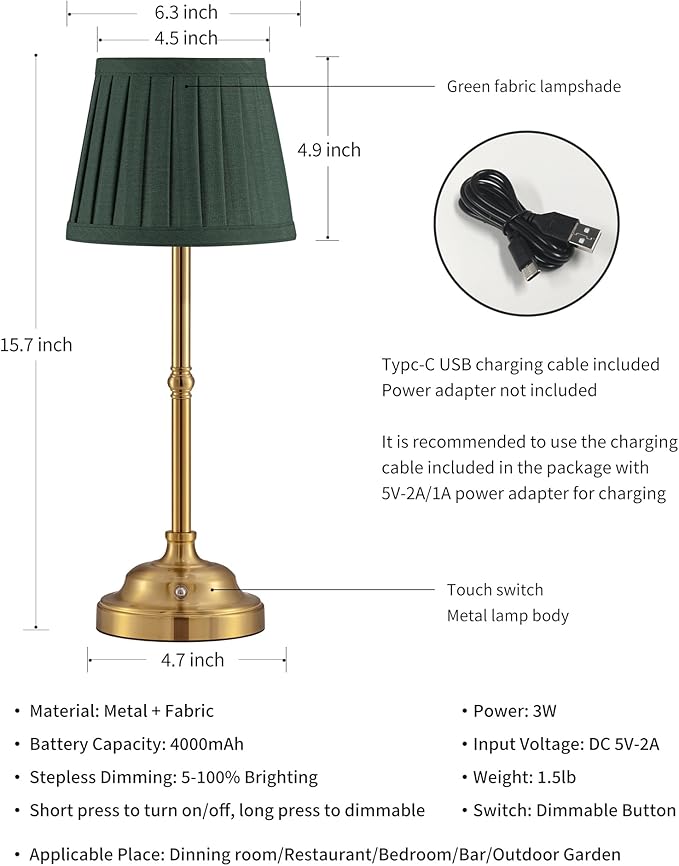 KDG Cordless LED Table Lamp Set of 2, Portables Fabric Shade Desk Lamps, 4000mAh Rechargeable Battery Powered Lighting, Dimmable Light for Dining Room, Bedroom, Bedside, Night Light, Balcony (Green)