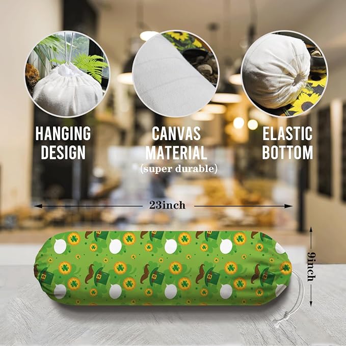 Plastic Bag Holder, Wall Mount Grocery Sack Organizer Dispenser, Washable Cotton-Linen Storage with Hanging Loop, St. Patrick’s Day Green Hat, Clover & Coin Design for Kitchen Pantry