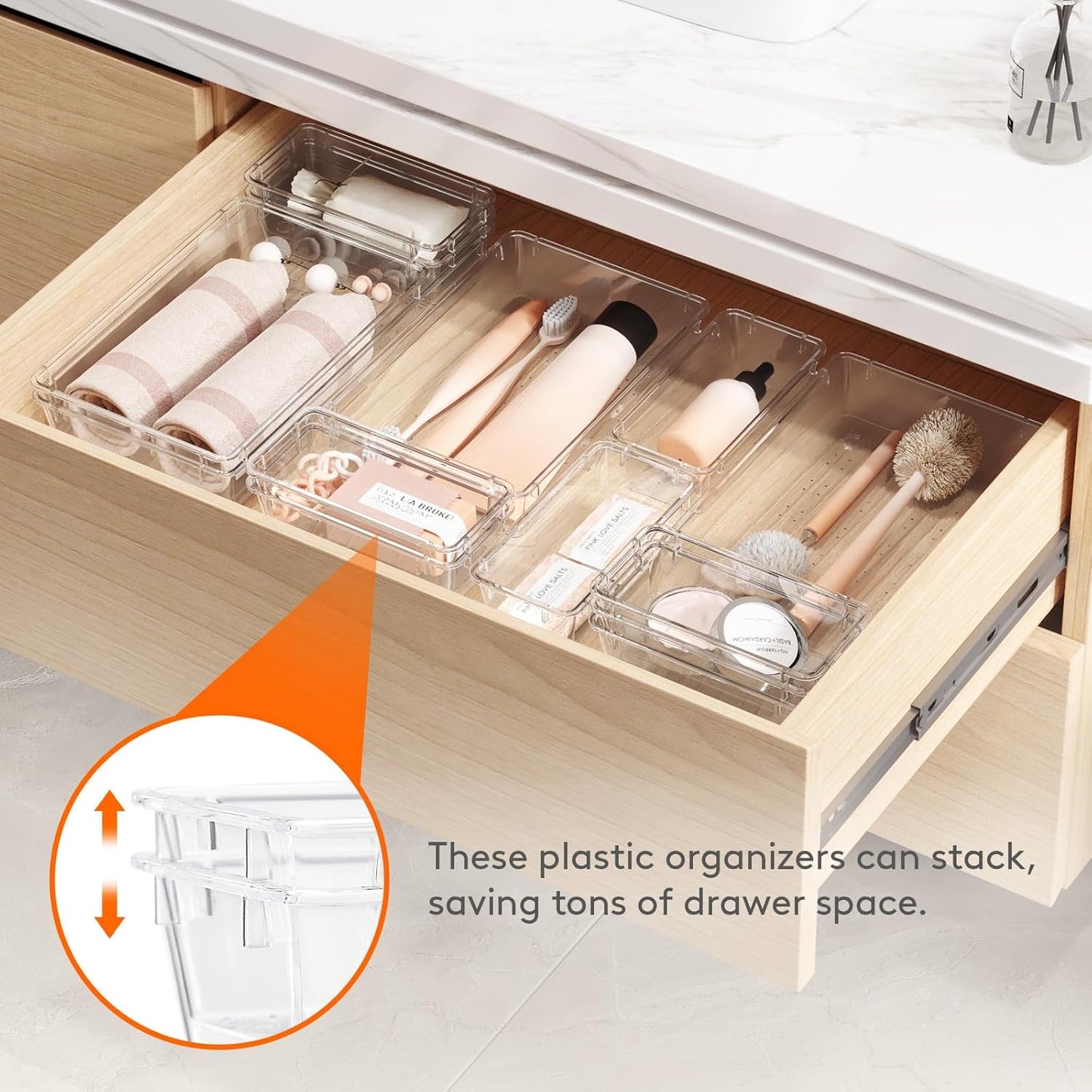 Lifewit 8 Pcs Large Bathroom Drawer Organizers, 3 Sizes Clear Plastic Storage Organizer Trays for Make Up, Kitchen Utensils, Vanity Accessories in Bathroom/Office/Dresser Organization