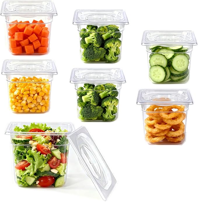 6 Pack food Pans with Lids 1/6 Size, Commercial Food-grade material, Impact-resistant and shockproof, For Salad Bars, Hot Deli Items & Dessert Toppings, Prep Table & Refrigerator Friendly