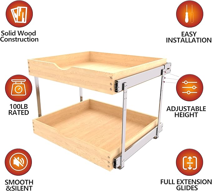 2-Tier Wood Cabinet Pull Out Shelves (20" W x 22" D), Wooden Slide Out Drawers for Kitchen Cabinets, Heavy-Duty 22 Inch Deep Sliding Cabinet Organizer
