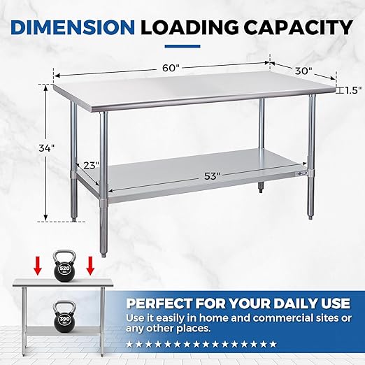 Profeeshaw Stainless Steel Prep Table 60x30 Inch NSF Commercial Work Table with Undershelf Heavy Duty Table for Kitchen Restaurant Home Hotel
