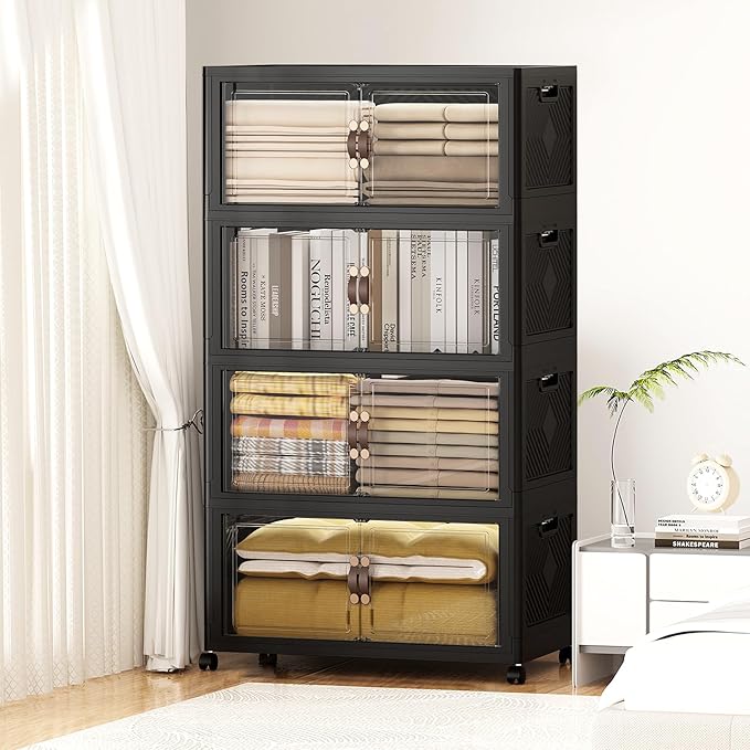 SAILUN 660QT Stackable Storage Bins with Lid, Collapsible Storage Bins With Doors and Wheels, Folding Plastic Cabinet Containers for Home Kitchen Closet Organization, 4 Pack