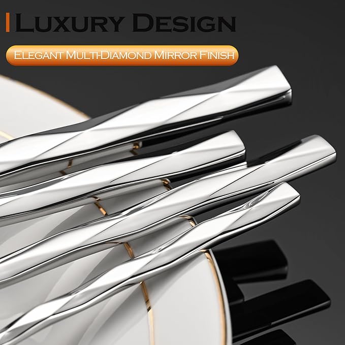Silverware Set, Luxury 30-Piece Flatware Set for 6, Cutlery Set Stainless Steel, Diamond Cut Pattern, Home, Wedding & Party, 18/10 Stainless Steel Tablewaret & Dishwasher Safe Utensils.