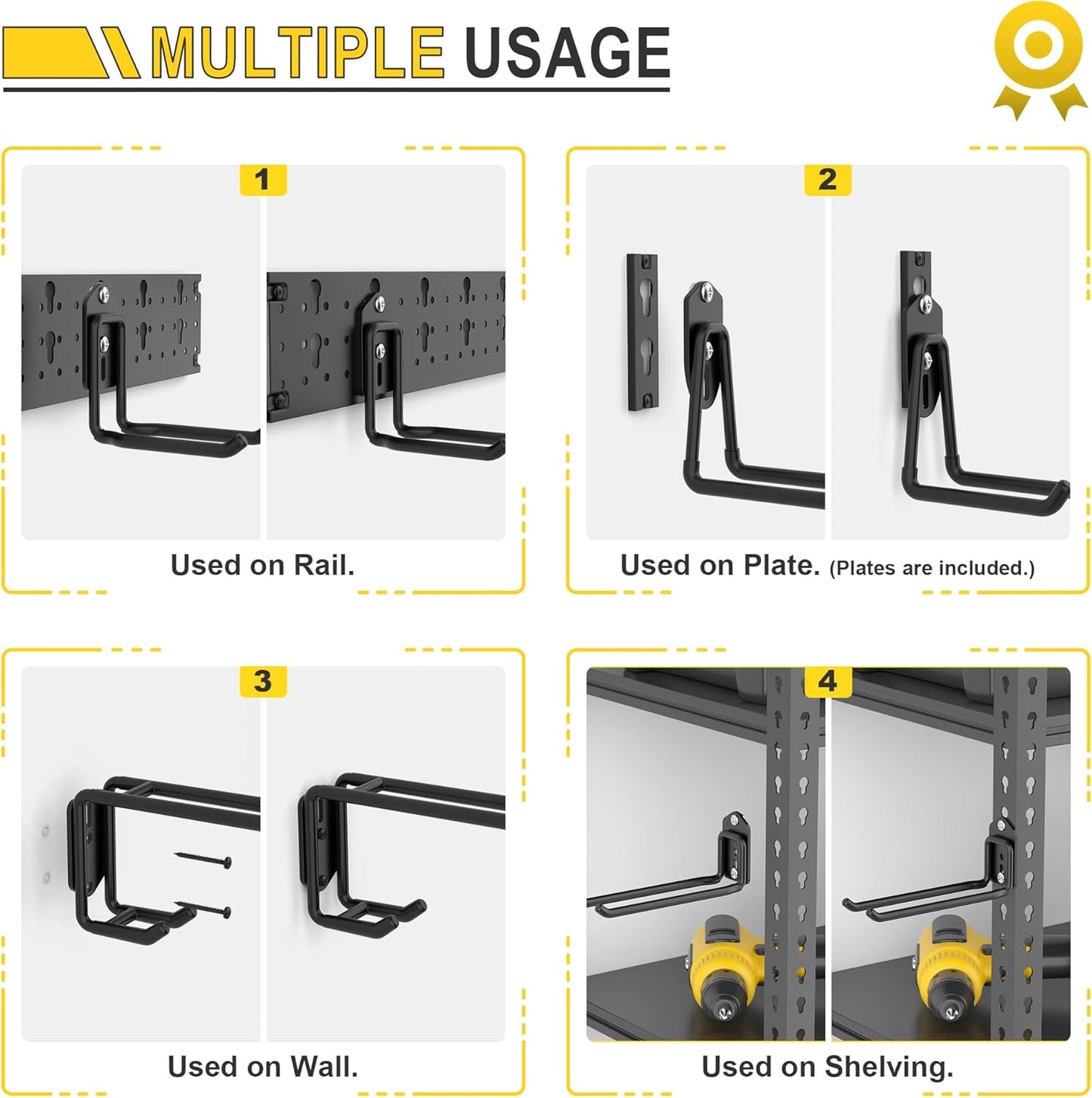 Ultrawall Garage Storage Organization, Versatile Storage Hooks Garden Tool Organizer Wall Mount, 64 Inch Yard Tool Organizer Hangers for Shovels, Rakes, Ladders, 19pcs Black