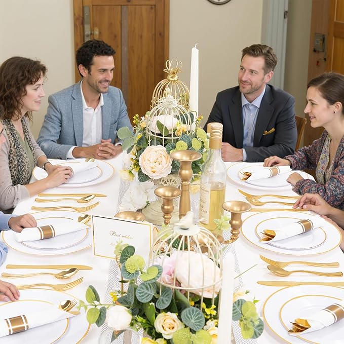 Liacere 100Pack Pre Rolled Gold Silverware and Napkin-Disposable Gold Plastic Utensils-Wrapped Plastic Cutlery Set with Napkin:100 Forks,100 Knives,100 Spoons,100 Napkins for Valentine's Day