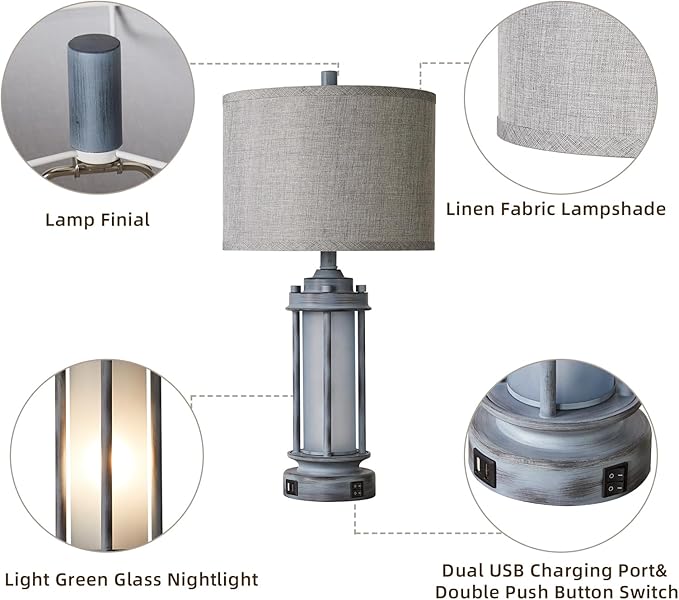 AIEAMPDO Set of 2 Rustic Table Lamps for Living Room, Farmhouse Vintage Nightstand Lamp with 2 USB Ports, Antique Retro Light Green Glass Night Light for Bedroom Entryway, 4 Bulbs Included