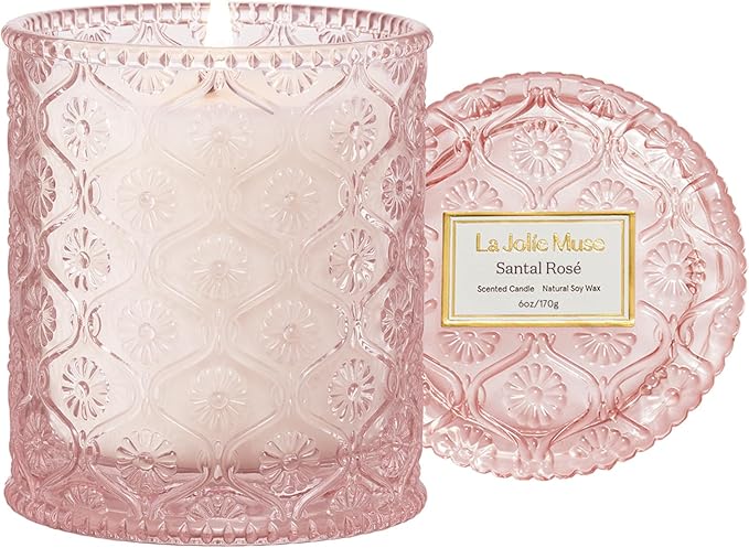 LA JOLIE MUSE Santal Rose Scented Candle – Saffron, Rose & Leather | 6 oz Natural Soy Wax | 40 Hours Clean Burn | Valentines Day Gifts for Her | Elegant Home Decor