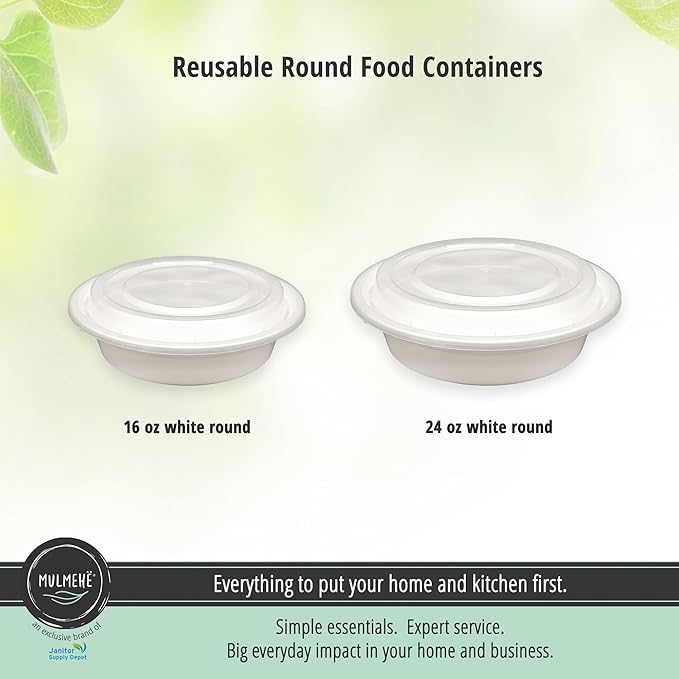 MULMEHË Plastic Food Storage Take-Out Container and Lid Combo, 24 oz, Microwaveable, Round, White, 7x1.5”, Set of 150