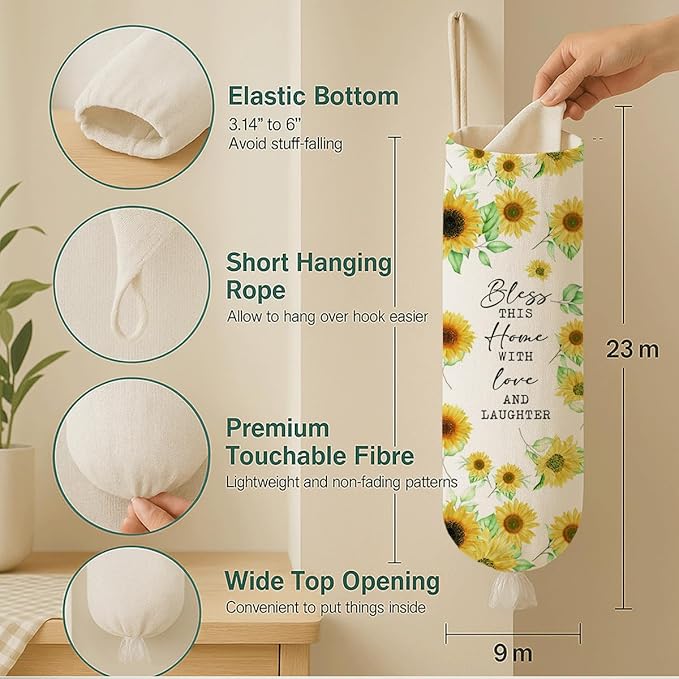 Sunflower Plastic Bag Holder, Bless This Home with Love And Laughter Plastic Bag Holder, Christian Inspirational Gift for Women Plastics Bags Holders with Bible Verses, Reusable Trash Bags Organizer
