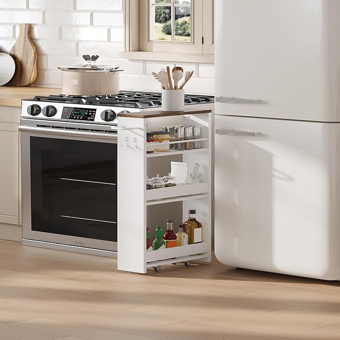 ChooChoo 4-Tier Slim Storage Cart with Handle, 5.51" W Rolling Utility Cart on Universal Wheels, Kitchen Cart Mobile Shelving Organization for Laundry Room, Bathroom & Narrow Place (Walnut & White)