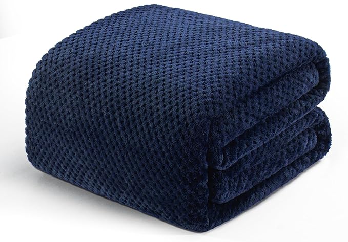 Exclusivo Mezcla Fleece Bed Blanket Twin Size, Super Soft and Warm Blankets for Couch, Sofa and Bed Waffle Textured, Cozy, Fuzzy and Lightweight (Navy Blue, 90x66 Inches)